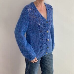 Vintage Mohair Blend Cardigan – Blue Purple Fuzzy Handmade Sweater – Size M